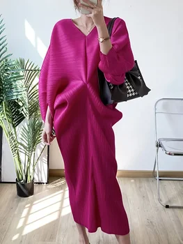 Fold Elegant Pleated V-neck Batwing Elastic Sleeve Mid-calf Dress Women Loose Solid Color 2025 Summer Female New Clothing 1
