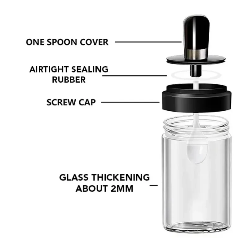 Spice Jar Spoon Cap Sealed Seasoning Bottle Glass Seasoning Bottle Container Salt Sugar Pepper Oliver Oil Storage Kitchen Tool