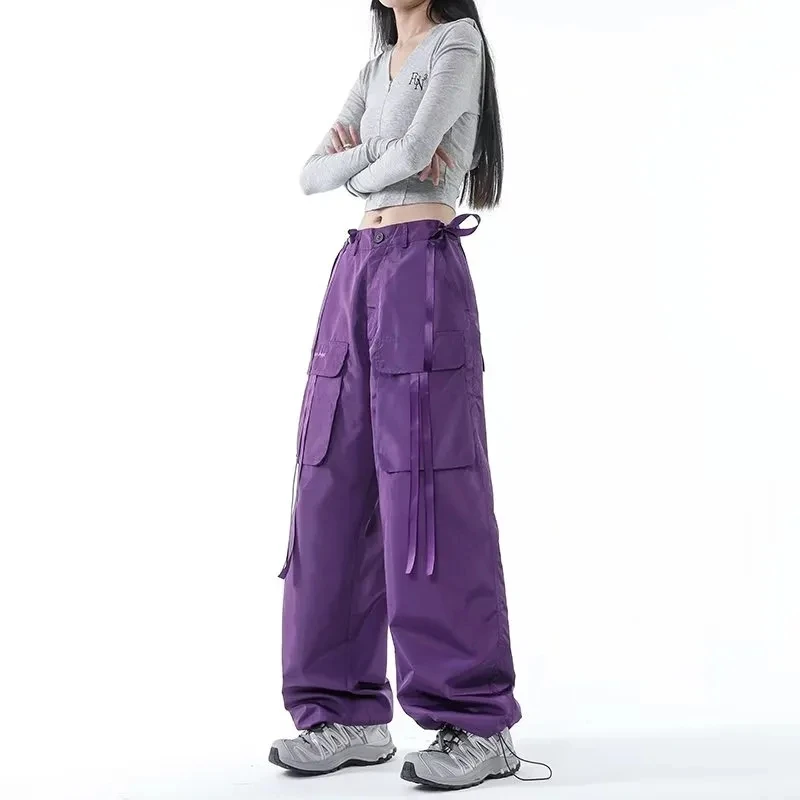 

Hip Hop Streamer Purple Y2k Baggy Cargo Pants Women High Streetwear Vintage Trousers High-Waist Pockets Bunched Leg StreetPants