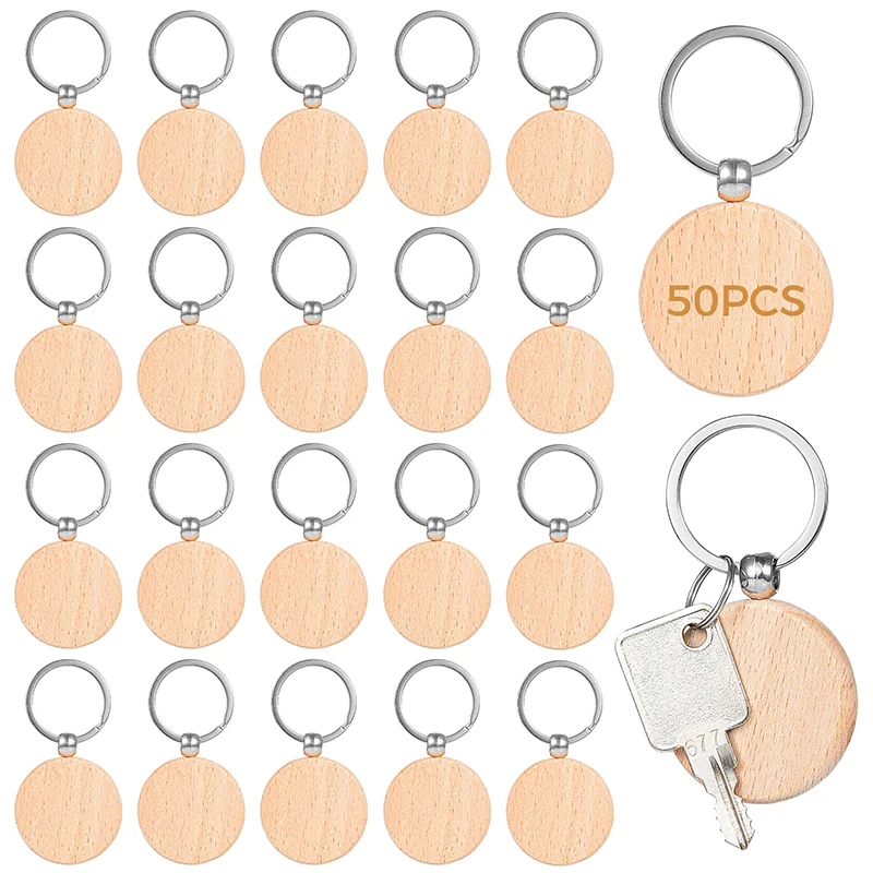 

50Pcs Wooden Keychain Blank Wood Keychains Round Wood Keyring Blanks for DIY Key Chains