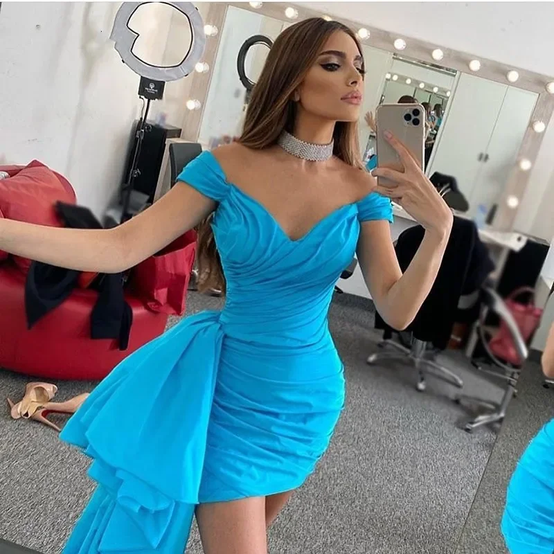 Sweetheart Blue Short Prom Dresses Vestidos De Festa Sexy Off-Spalla Organza Homecoming Birthday Party Gowns Hot