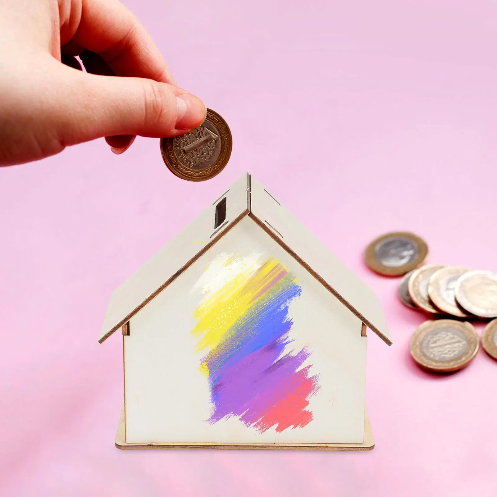 5 Pcs Wooden Children Doodle Piggy Bank Unfinished Coin Banks DIY Saving Craft House Shape Change Container 6