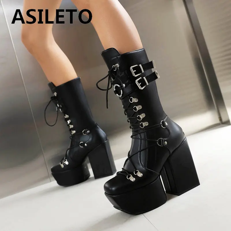 

ASILETO Gothic Women Boots Square Toe Block Heels 12cm Platform Hill 5.5cm Zipper Lace Up Punk Ladies Booty Plus Size 46 47 48
