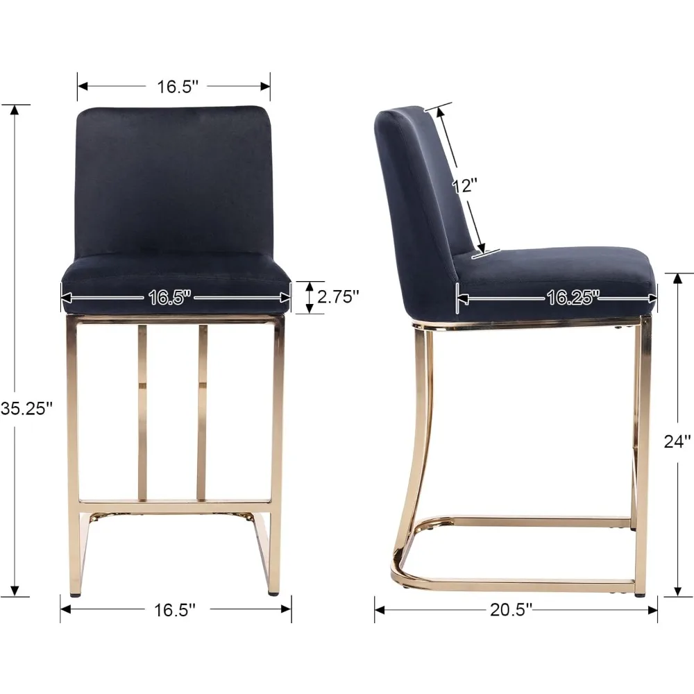 modern counter height bar stools set of 2 velvet counter stools with gold legs, 24" barstools island chairs upholstered kitchen
