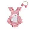 Newborn Baby Girl Easter Outfit Carrot Embroidery Romper Waffle Ruffle Bodysuit Headband Summer Outfit 0-18M 1