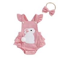 Newborn Baby Girl Easter Outfit Carrot Embroidery Romper Waffle Ruffle Bodysuit Headband Summer Outfit 0-18M 1