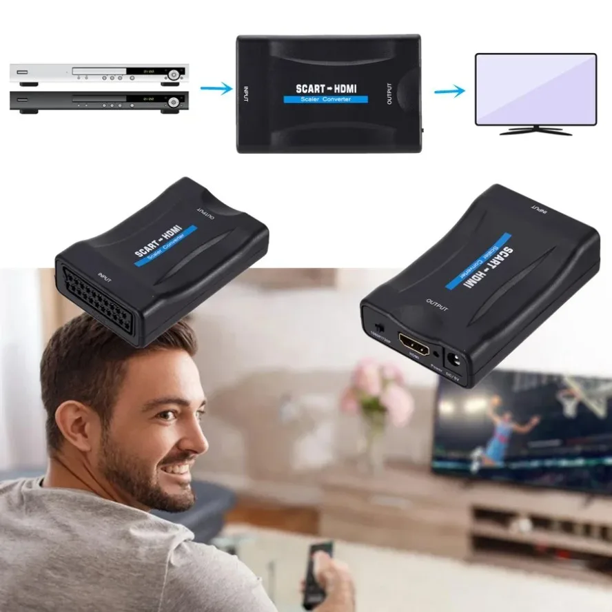 SCART To HDMI Converter Adapter SCART To HDMI-compatible 1080P Video Audio Upscale Converter Adapter USB Cable Sky Box STB Plug and Play DC Cable
