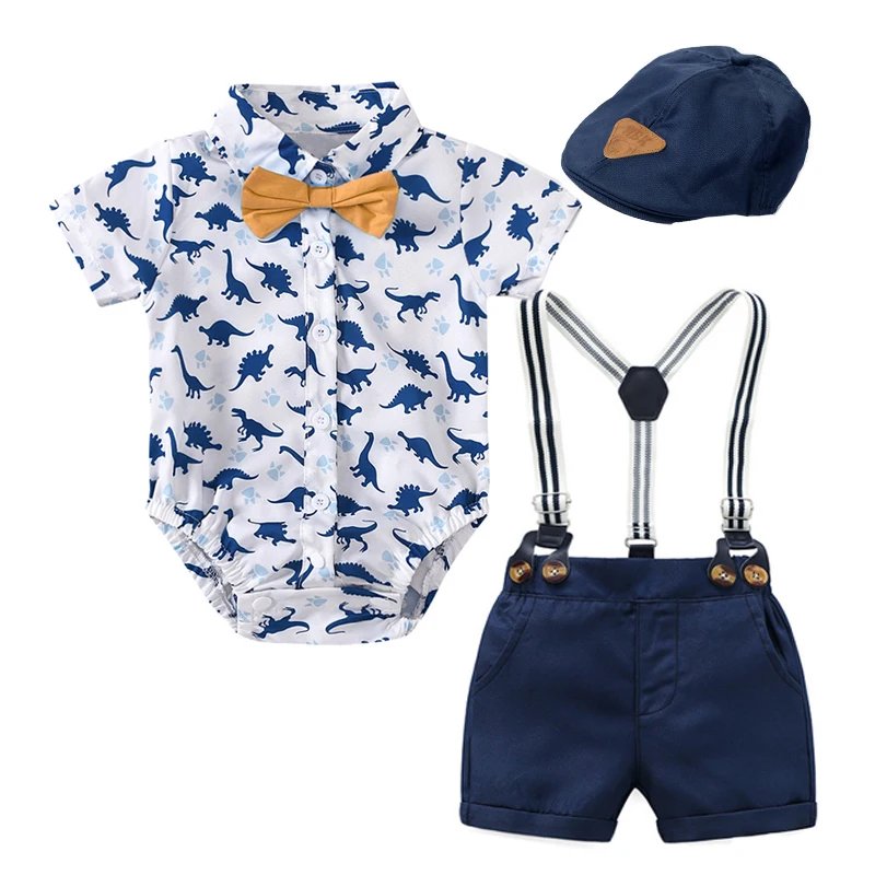 

Summer Toddler Boys Printed Clothes Suit with Handsome Hat Bow for Baby Kids Dinosaur Fashion Short-sleeved Newborn Romper Set