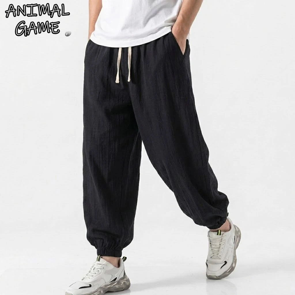 Koreanische Herren-Leinenhosen, Baumwoll-Arbeitshosen, Frühling Lose Haremshosen, Sommer Kordelzug Casual Streetwear Herren Baggy Pants