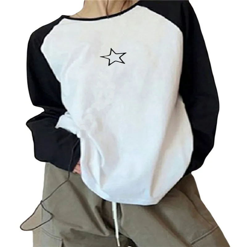 Women Trendy Basic Tshirt Y2k Star Print Contrast Color Crew Neck Long