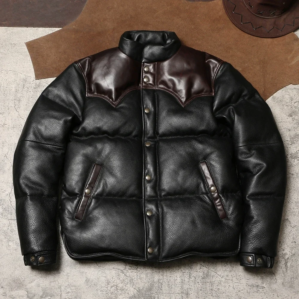 Winter Extra Thick Leather Down Bread Jacket Men's Vintage Leather Jacket Warm with Cowhide and Duck Down