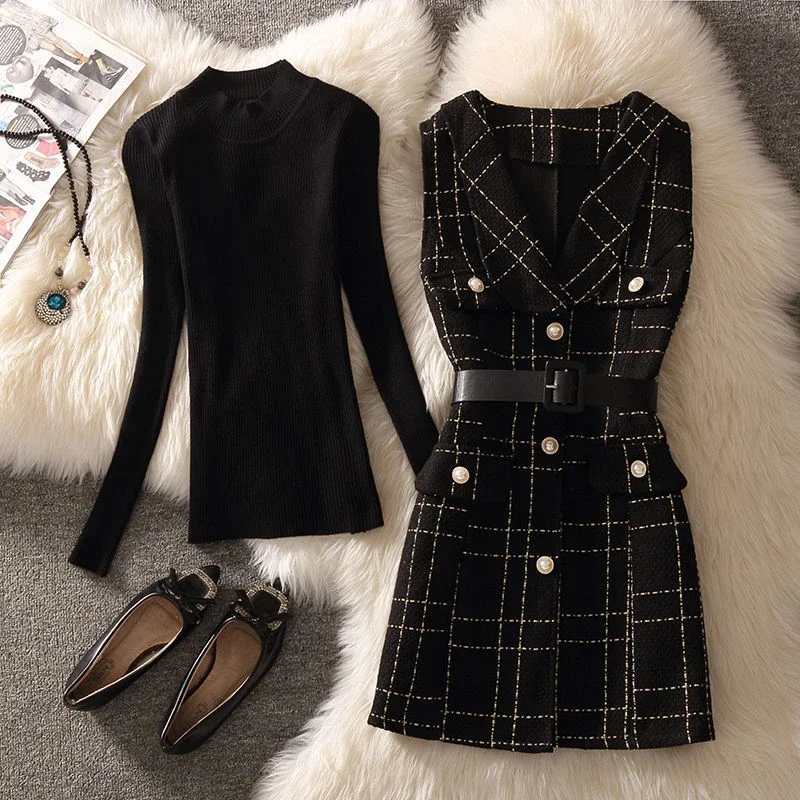 

LKSK Vintage Mid-length 75cm Plaid Tweed Vest Jacket Women 2 Piece Set Elegant Pearl Button Belted V Neck Waistcoat Knitted