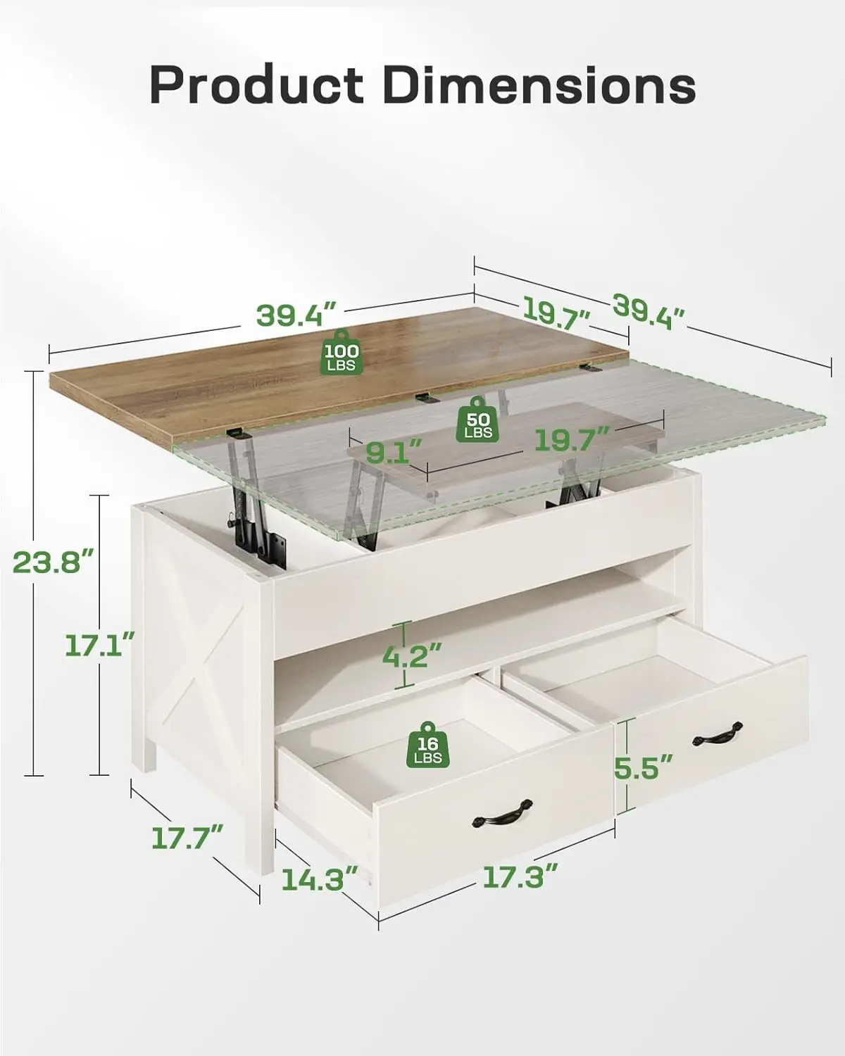 40" Lift Top Coffee Table, 4 in 1 Coffee Table with Hidden Compartment, Multifunctional Farmhouse Center Tables
