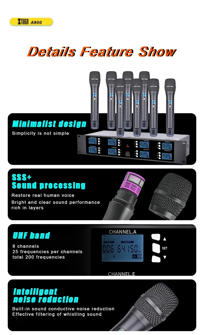 XTUGA A800 보컬 녹음 스트리밍 콘덴서 전문가용 8채널 무선 마이크 시스템 헤드셋