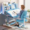 Kids Study Desk Chair Set, Height Adjustable Children School Study Table Chair Set with Sitting Corrector(Pink, Blue)