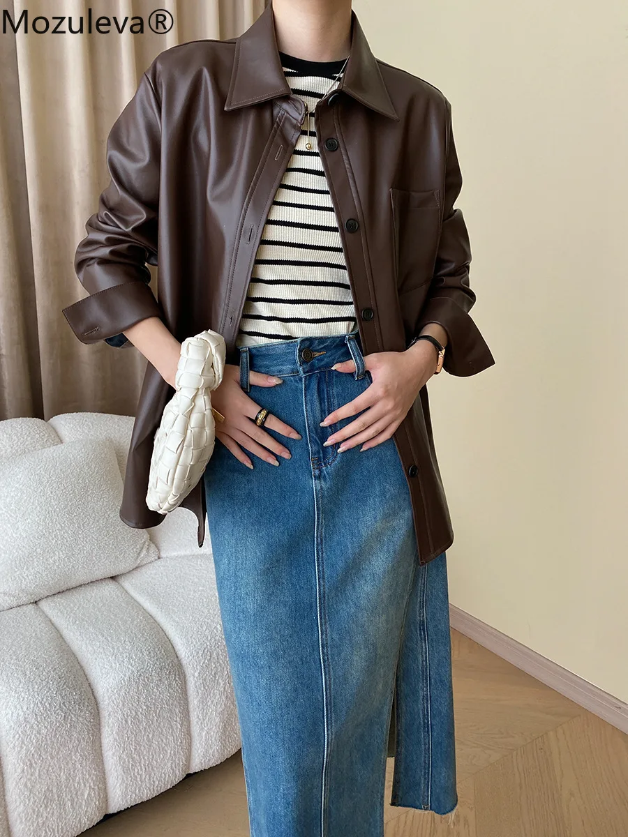 

Mozuleva Autumn Women Coat Retro Winter High Street Turn-down Neck PU Leather Jacket Short Black Faux Leather Jacket