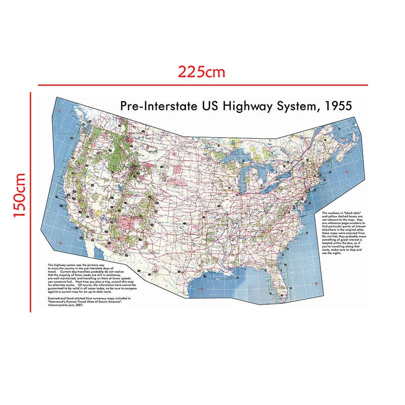 225*150cm Map of The USA Pre-Interstate American Highway System Map Living Room Home Office Decoration School Supplies