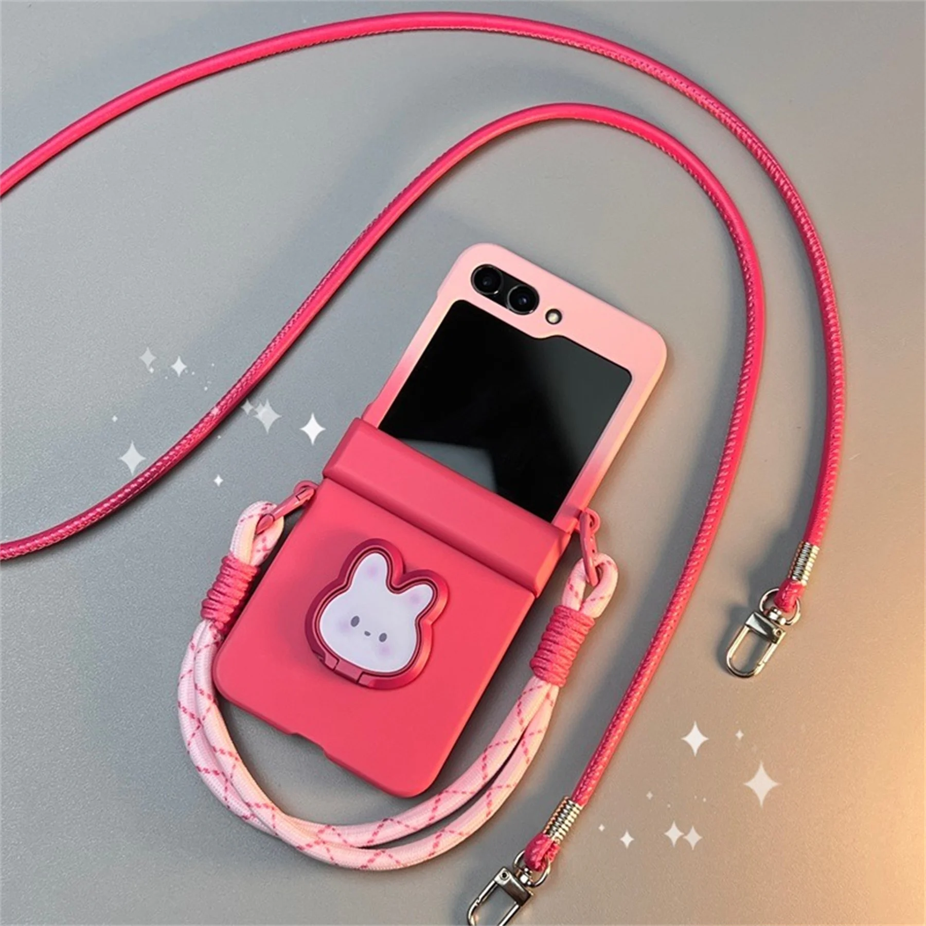 Luxury Cute Gradient Pink Phone Case with Bunny Rabbit Bracket and Hand Strap