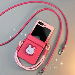 Luxury Cute Gradient Pink Phone Case with Bunny Rabbit Bracket and Hand Strap - Z Flip 7 (A)