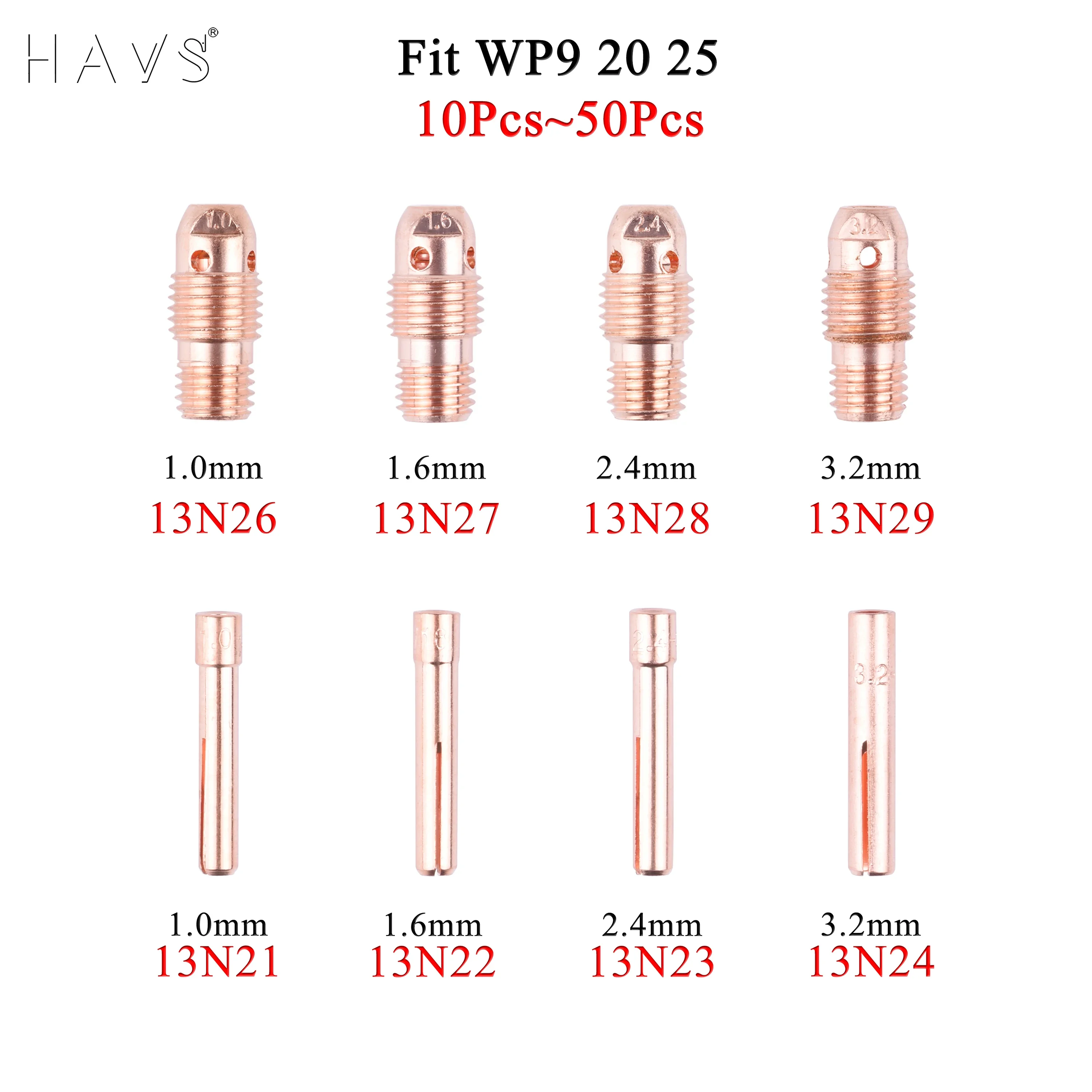 10 to 20Pcs 1.0/1.6/2.4/3.2mm TIG Collet And Collet Body 13N21