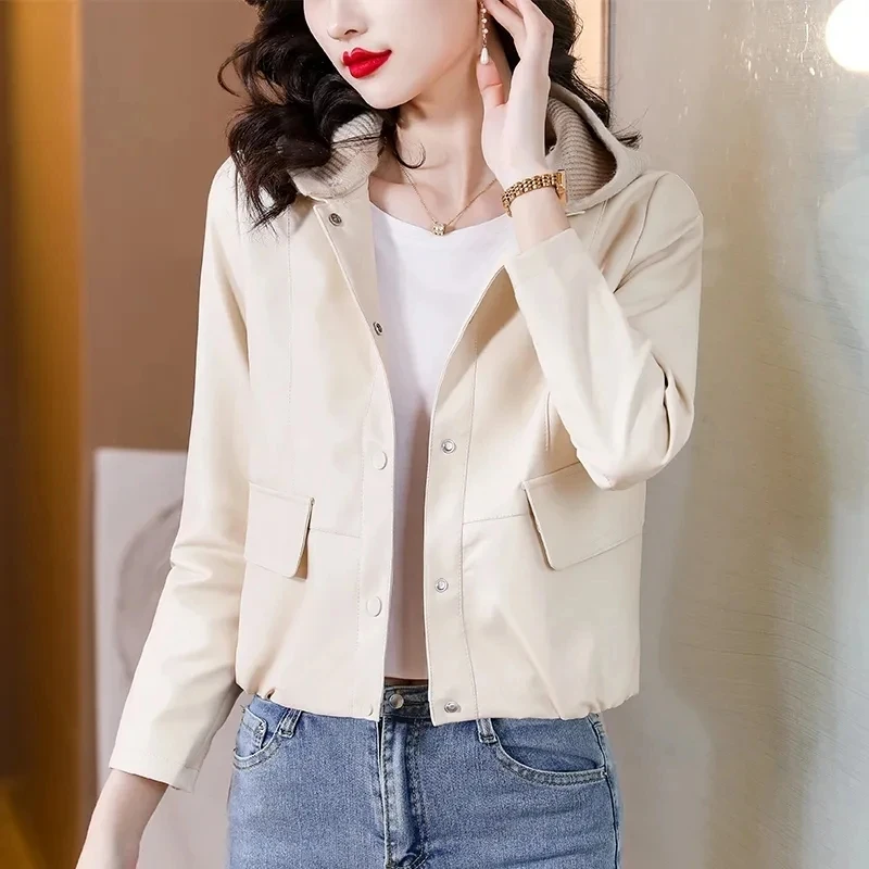 2023 Autumn New Fashionable Hooded PU Leather Jacket Women\'s Short Leather Coat Korean Trend Motorcycle Wear Leather Overcoat
