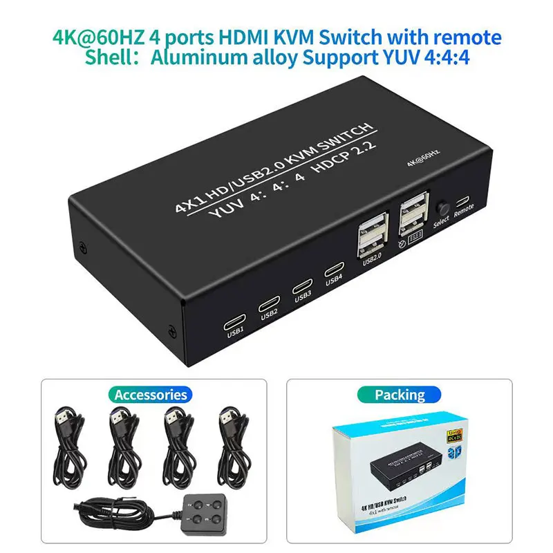 KVM 4x1 ġ, 4K 60Hz USB ó, HDMI ȣȯ HDCP2.2 ñ, 4 PC   콺 Ű, 4 Ʈ, 4 in 1 out