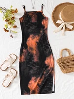Robe longue marron tie-dye pour filles, bretelles spaghetti, détail nœud, fente latérale, robe de plage pour vacances d'été 2