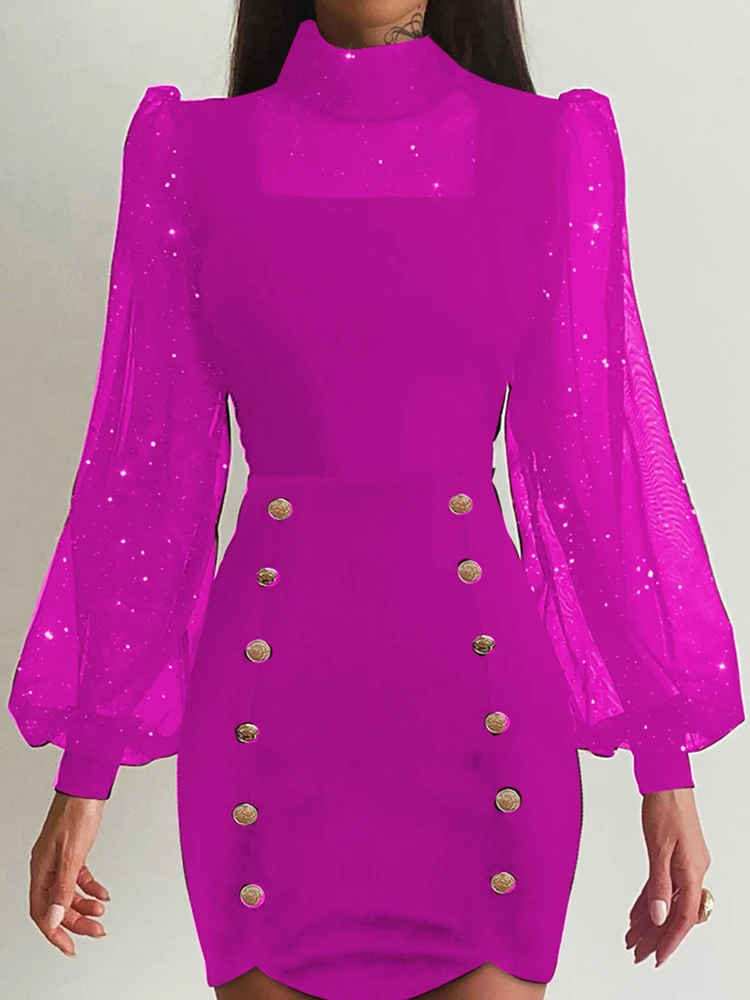 

New Spring Summer Women Slim Fit Party Dress Solid Patchwork Mesh Loungewear Tight Dress Turtleneck Long Sleeve Ladies Hip Dress