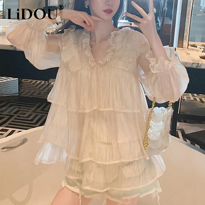 

Spring Summer Fairy Ruffles Casual Fashion Sweet Chiffon Shirt Women Flare Long Sleeve All-match Loose Blouse Femme Pullover Top