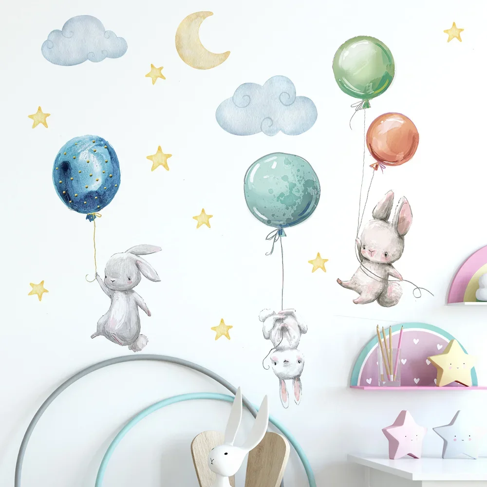 Luminous Wall Stickers Wall Stickers Vinyl Decal Stickers Cute Lovely Flying Rabbits For Kids Balloons Moon Star Cloud Removable Decal Nursery Baby Room Decor Poster Mural