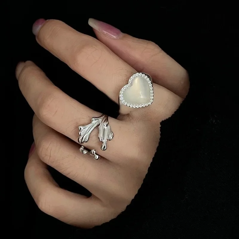 

925 Sterling Silver Heart Moonstone Plantain Leaf Ring for Women Girl Gift Opening Fashion Wedding Jewelry Gift Dropshipping