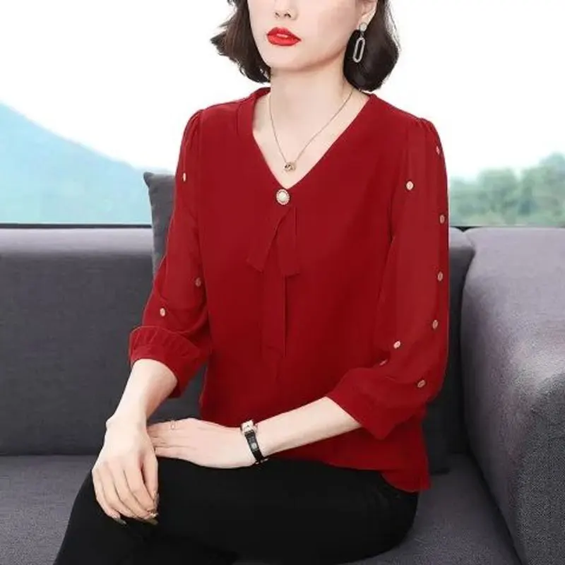 Spring Summer New Casual V-Neck Shirt 3/4 Sleeve Stylish Bow Three-dimensional Decoration Female Commute Polka Dot Korean Blouse diy three tiered tray epoxy resin mold silicone coaster mould geode moule resine desktop decoration 3 tier molde bandeja flor