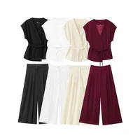 MUJER 2025 Wide Leg Pants Sets for Women 2 Pieces Sleeveless Vest Top Woman Pleated Casual Trousers Sets Two Piece Outfits Woman - Image 6