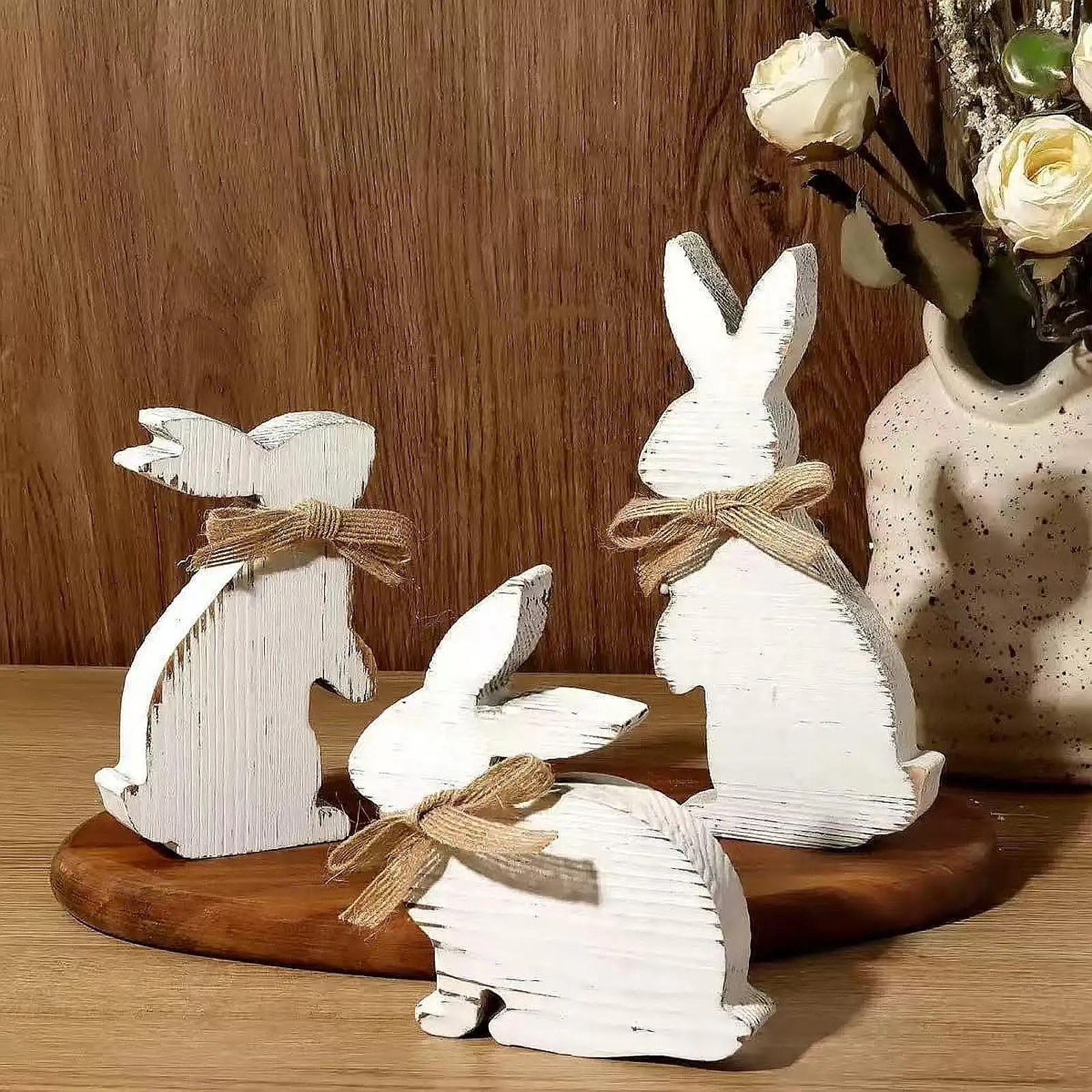 3Pcs Wooden Bunny Signs Easter Table Decorations Indoor Gift Tiered Tray Decor for Holiday Party Office Dining Room Bookshelf