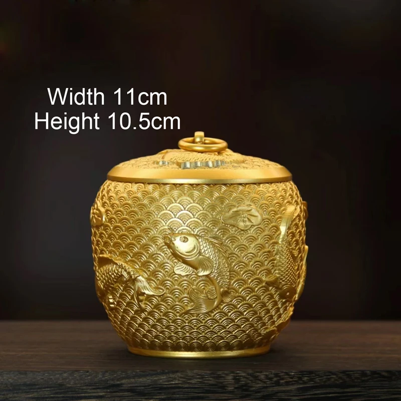 Chinese Brass Carp Pattern Sealed Tea Can Portable Travel Mini Storage Home Furnishings Office Tabletop Decor Copper Tea Box 1Pc
