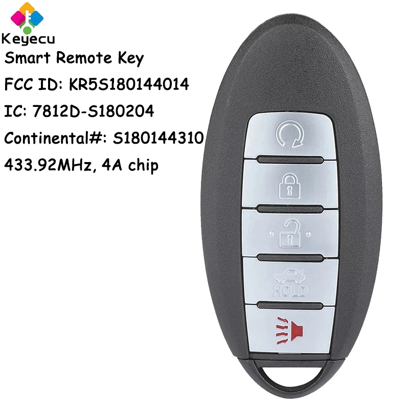 

KEYECU Smart Remote Car Key With 5 Buttons 433.92MHz 4A Chip for Nissan Altima Maxima 2016 - 2019 Fob S180144310, KR5S180144014