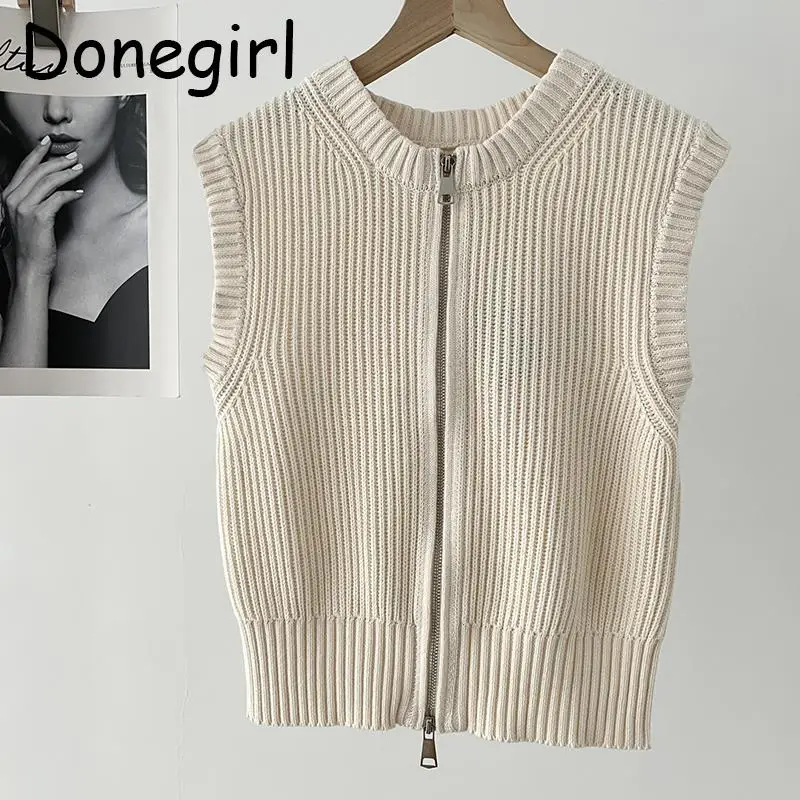 

Donegirl 2024 Spring New Women Sleeveless Solid Knitted Vest Cardigan Zipper Simple Casual Commute Versatile Female Top Chic