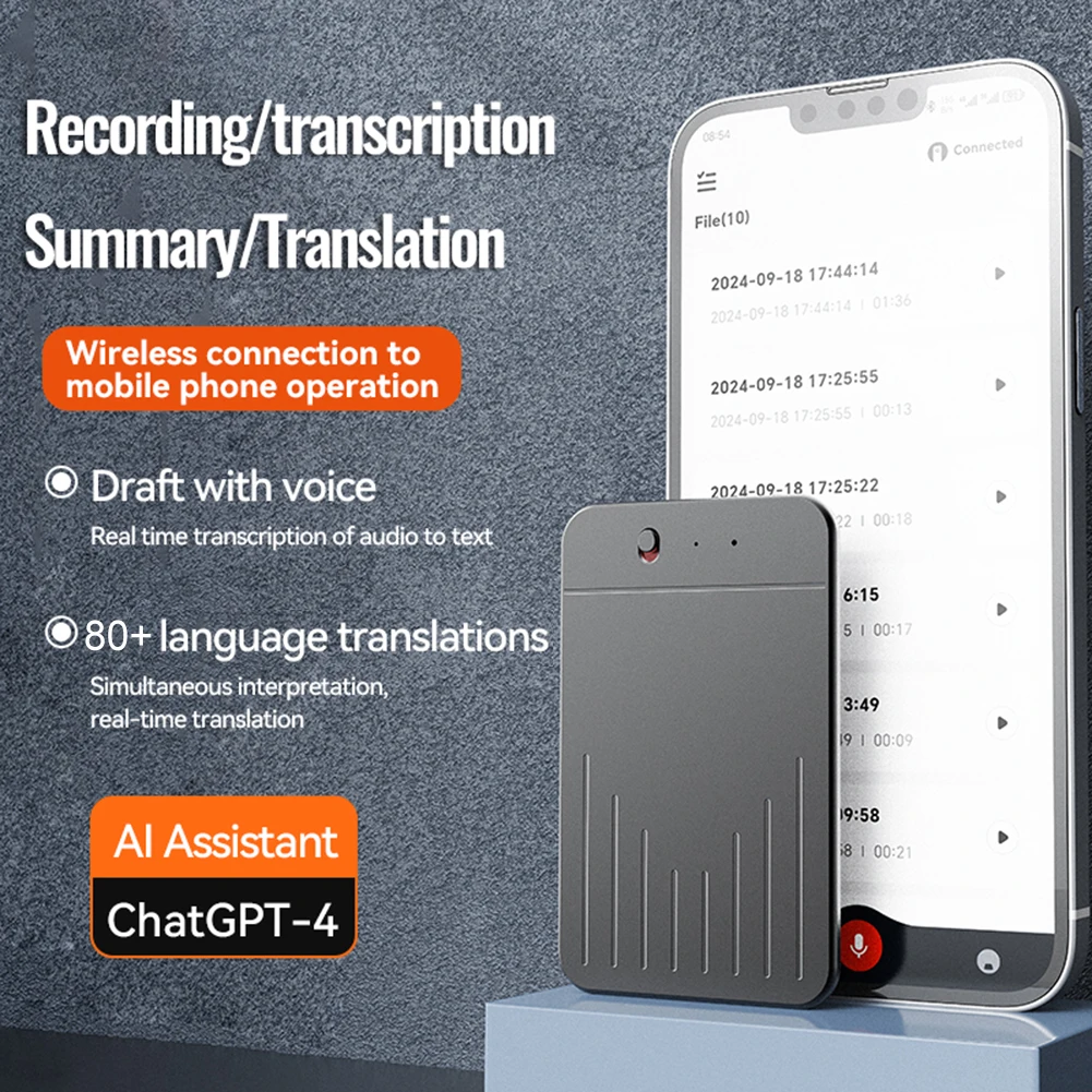 AI Voice Recorder APP Control AI Notetaking Device Transcribe & Summarization with ChatGPT Sound Recorder Support 80+ Languages