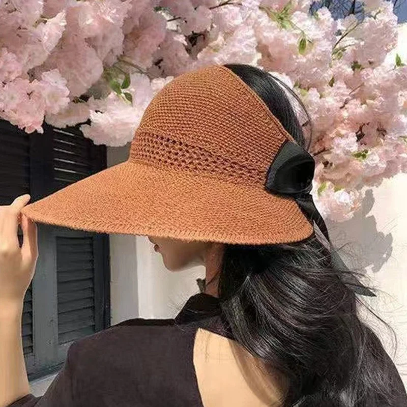 Women Summer Big Wide Brim Straw Hat Female UV Protect Ponytail Beach Sun Hats Hollow Top Foldable Ribbon Bows Ladies Panama Cap women sun hat