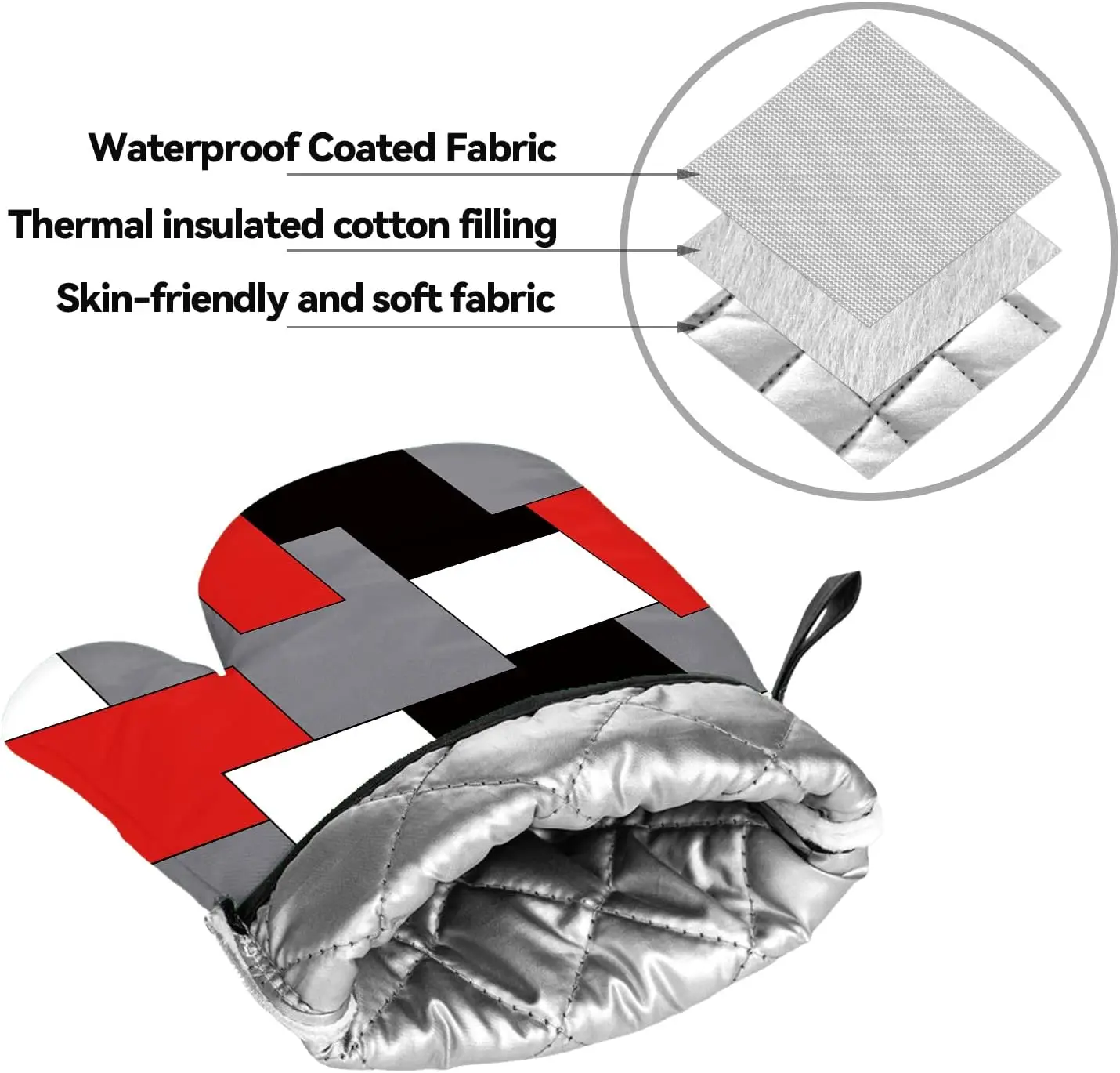Red Black Grey White Oven Mitts and Pot Holders Sets of 4 Geometric Heat Resistant Gloves for Kitchen Baking Cooking Grilling