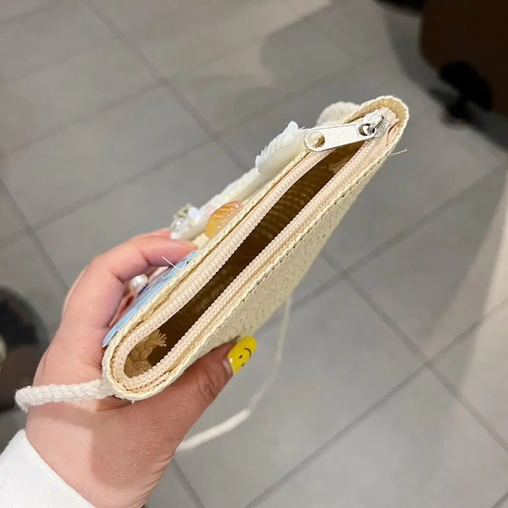 Summer Kids Straw Woven Messenger Bag Lovely Mermaid Small Coin Purse Handbags Mini Shoulder Bags Princess Wallet for Girls