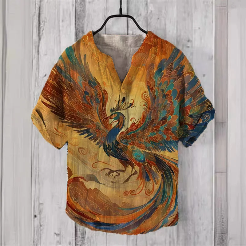 

Мужская льняная рубашка с тремя пуговицами и V-образным вырезом