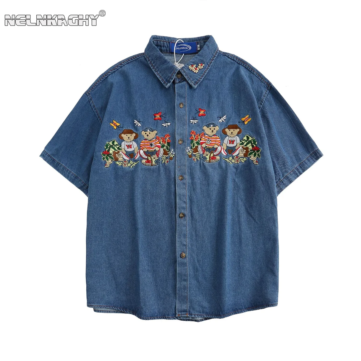

Fashion Retro Men Shirts Camisas Funny Little Bear Butterfly Heavy Work Embroidery Denim Polo Short Sleeve Shirt Loose Couple