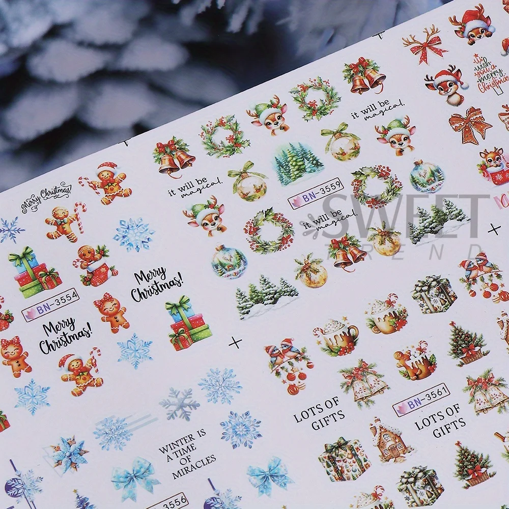 12 Designs Christmas Watermark Nail Stickers Gingerbread Man Deer Bow Snowflake Tree Santa Water Sliders Holiday Manicure Decor