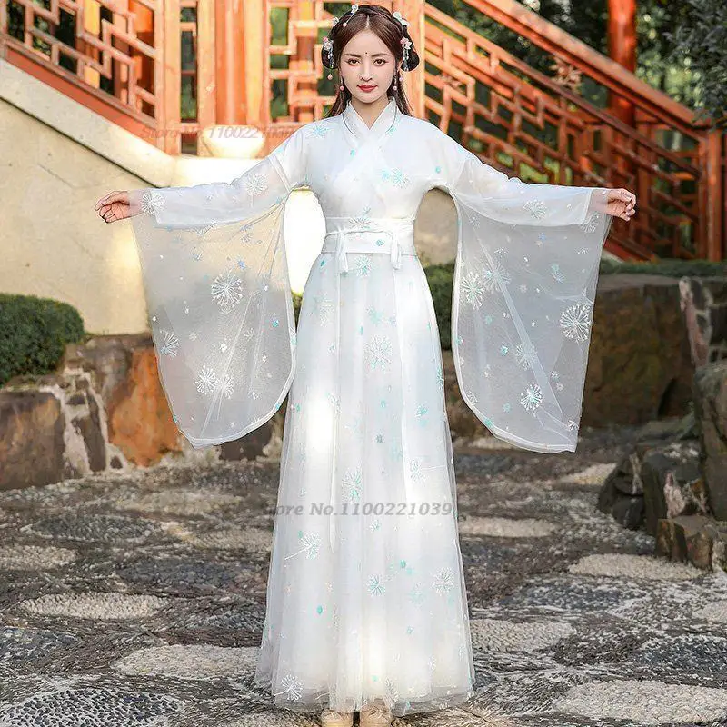 

2023 traditional chinese hanfu dress women folk dance costume oriental flower embroidery dress princess improved chiffon dress