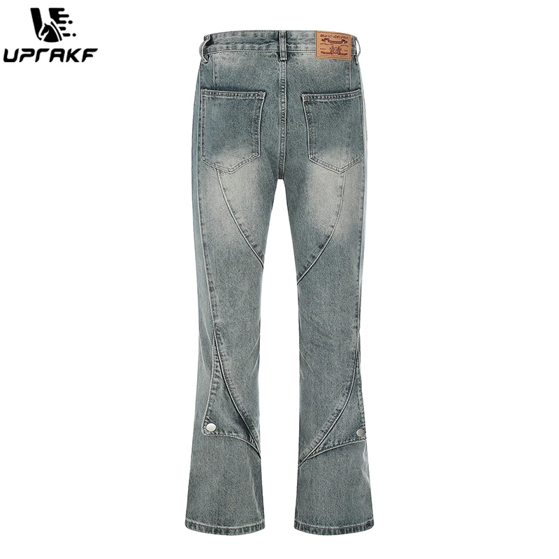 UPRAKF Spliced Jeans Pocket Black Streetwear Blue Denim Pants Casual High Street Fashion Trousers Washed Harajuku Button