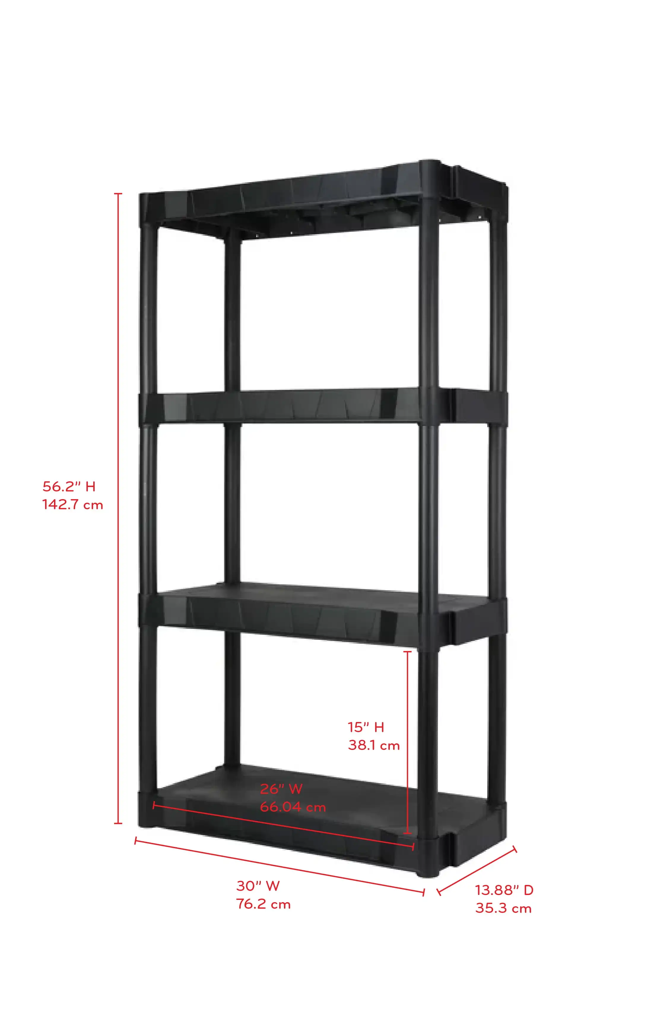 Black Plastic 4-Tier 56.2" H x 30"" W x 13.8" D, 280lb Total Capacity 2