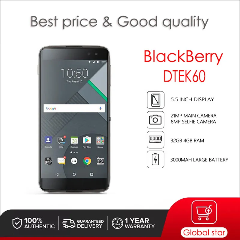 

Восстановленный Оригинальный разблокированный мобильный телефон BlackBerry DTEK60 32 ГБ 4 ГБ ОЗУ камера 21 МП Бесплатная доставка
