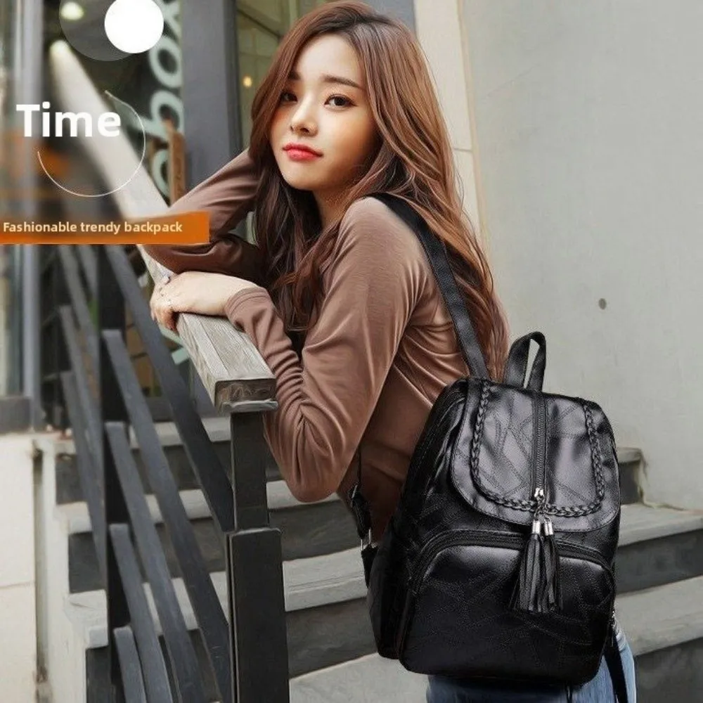 Cute Solid Color PU Leather Backpack Zipper Black Tasse Shoulder Bag Soft Handbag Students School Bag Outdoor 3