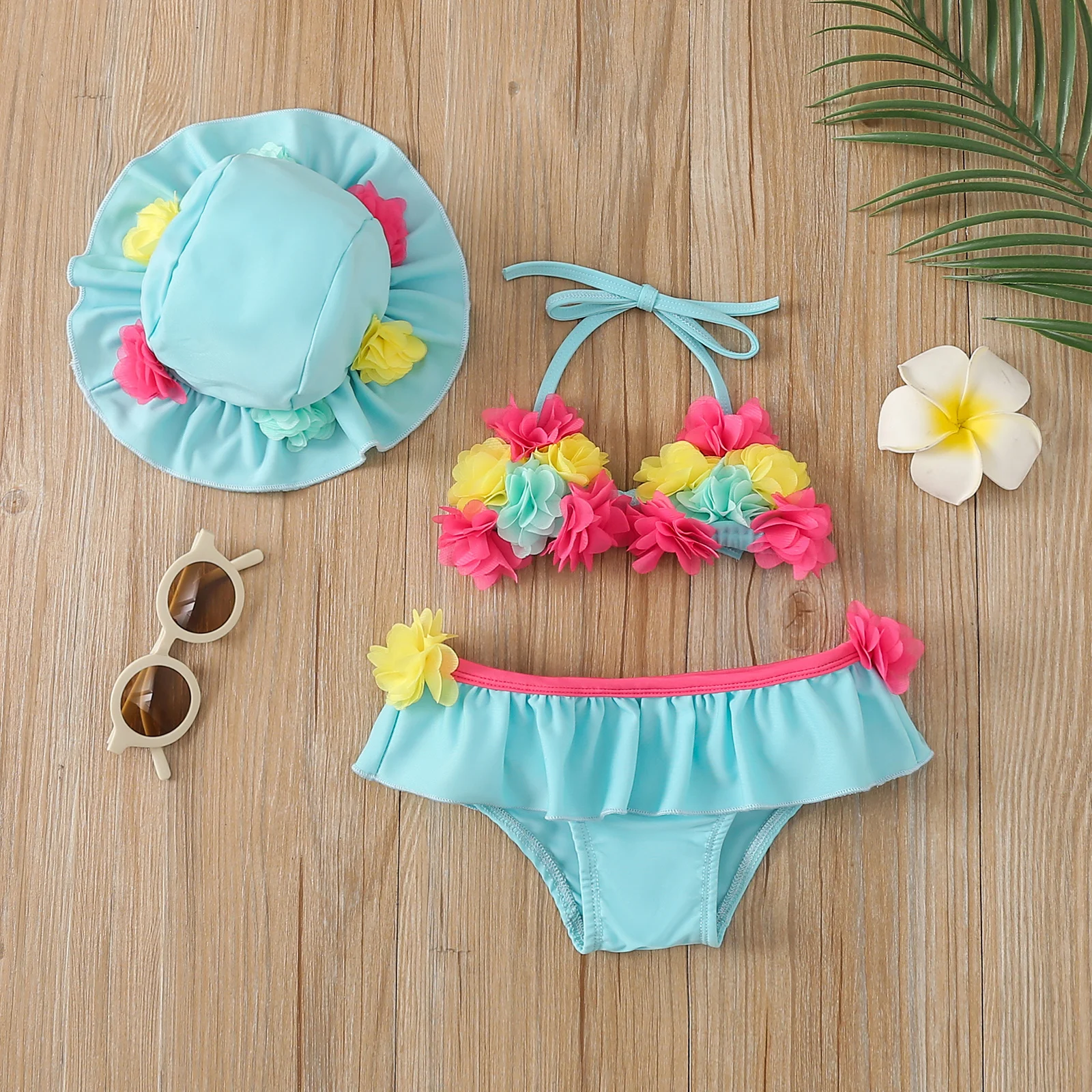 Infant Baby Girls Three-piece Bathing Suit, Flower Halter Neck
